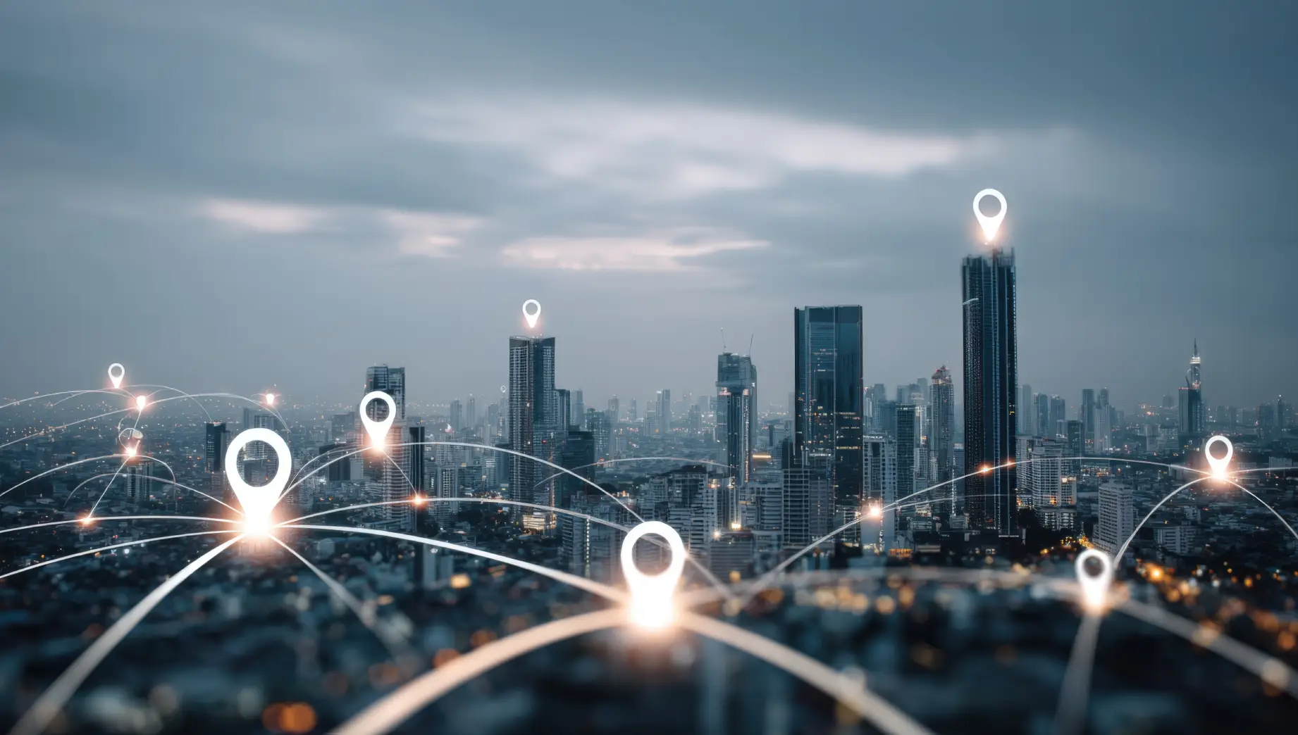 Ville connectée avec marqueurs de localisation